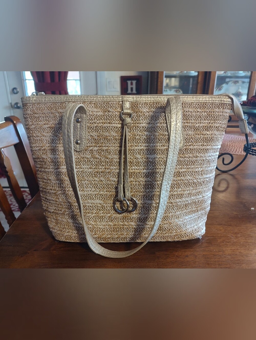Woven Straw Tote Bag with Metallic Accents - Beige